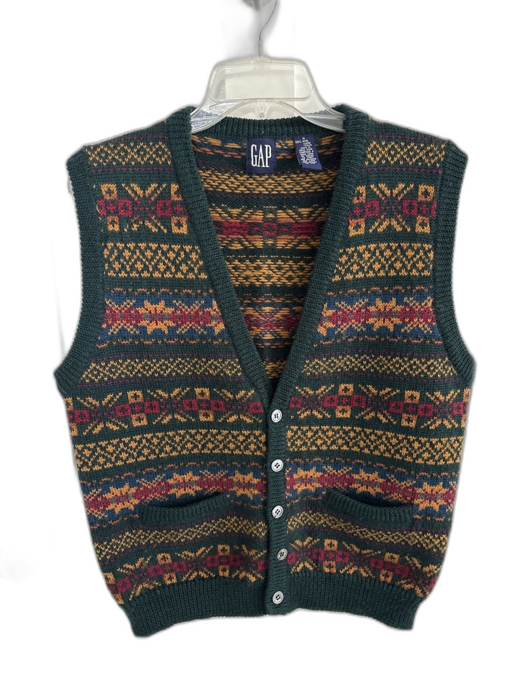 EUC Vtg GAP Unisex Fair Isle Wool V Neck Cardigan Vest Sz Men’s S